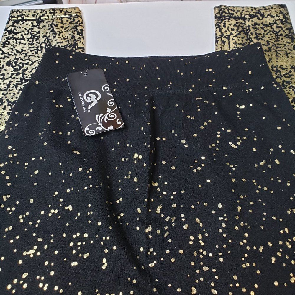 NEW Womens Black and Gold Confetti Leggings Holiday Party One Size Stretch Ankle - Picture 4 of 8